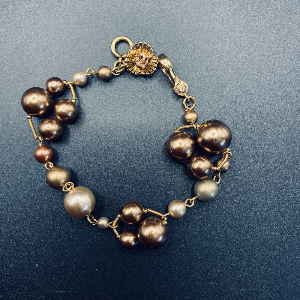 MONET Gold Tone Bracelet Beads Wired Topaz Rhinestone Dangle 7.5" Hinge Clasp